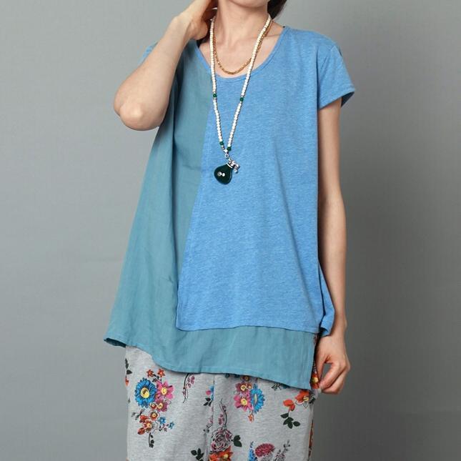 Blue layered women summer shirt short sleeve blouse cotton top - Omychic