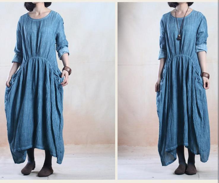 Blue  linen dress spring maxi linen dress caftan - Omychic