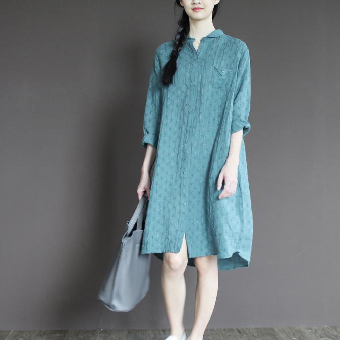 Blue linen half sleeve sundress plus size casual summer shirt dresses - Omychic