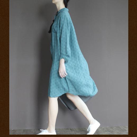 Blue linen half sleeve sundress plus size casual summer shirt dresses - Omychic