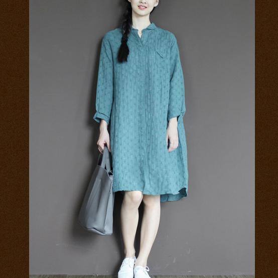Blue linen half sleeve sundress plus size casual summer shirt dresses - Omychic
