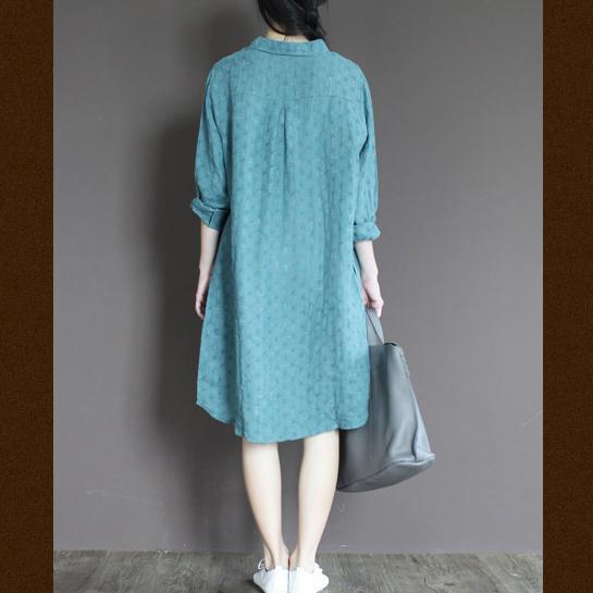 Blue linen half sleeve sundress plus size casual summer shirt dresses - Omychic