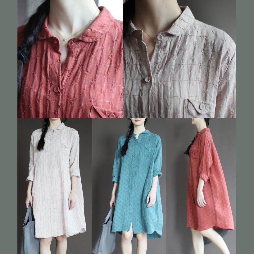 Blue linen half sleeve sundress plus size casual summer shirt dresses - Omychic