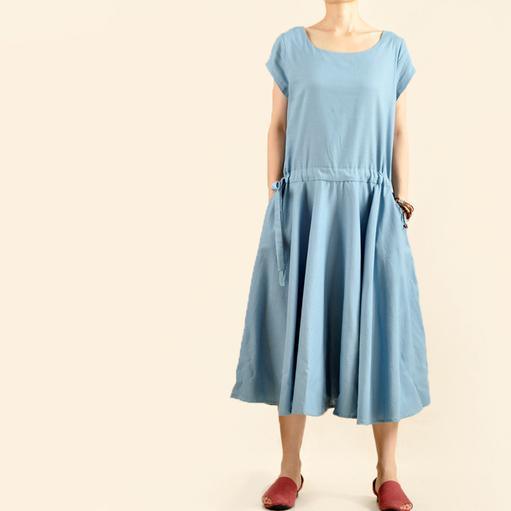 Blue linen maxi dress cotton fit flare dress - Omychic