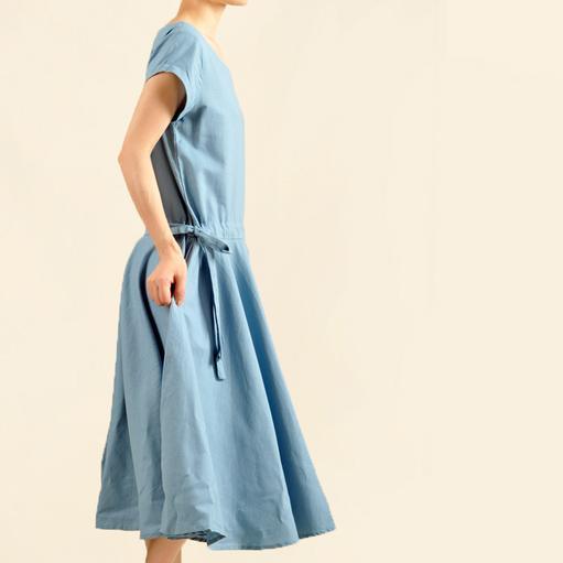 Blue linen maxi dress cotton fit flare dress - Omychic