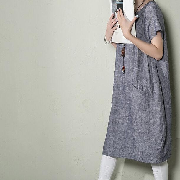 Blue Linen Shift Dress Summer Maxi Dresses Plus Size Linen Clothing ( Limited Stock) - Omychic
