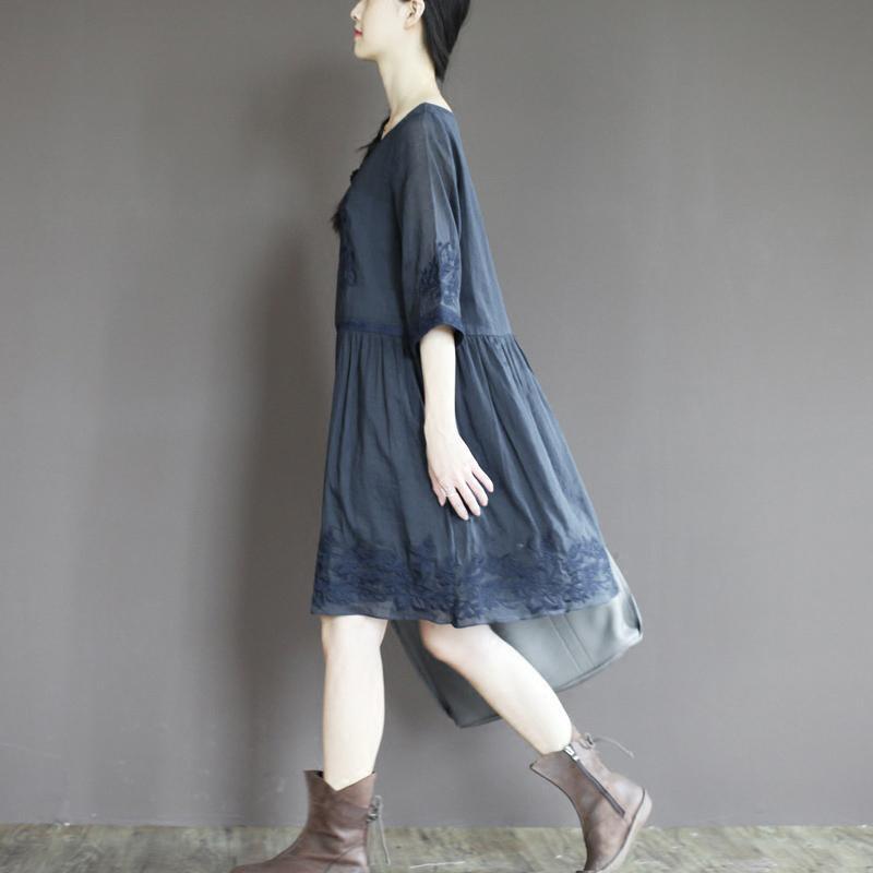 Blue linen sundress emboridered summer dress plus size fit flare dress half sleeve - Omychic