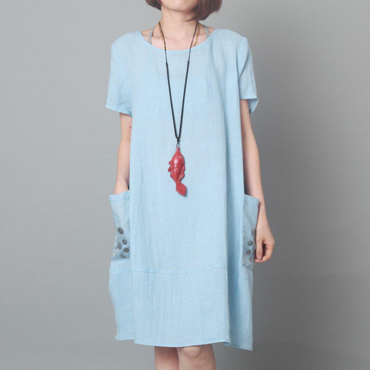 Blue linen sundress oversize dress summer baggy shift dress - Omychic
