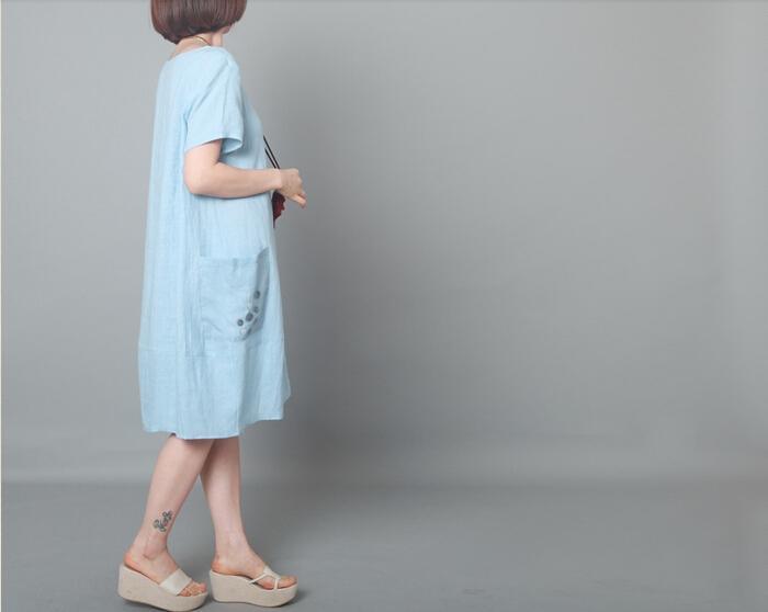 Blue linen sundress oversize dress summer baggy shift dress - Omychic