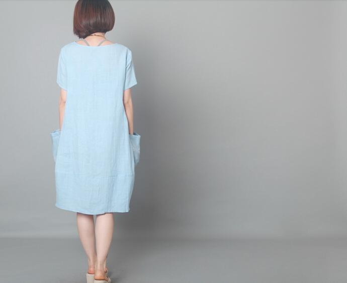Blue linen sundress oversize dress summer baggy shift dress - Omychic