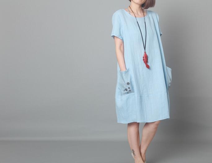 Blue linen sundress oversize dress summer baggy shift dress - Omychic