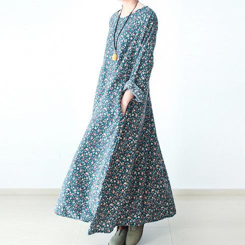 Blue long print cotton dress gown plus size dresses - Omychic