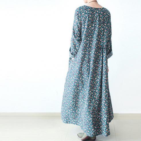 Blue long print cotton dress gown plus size dresses - Omychic