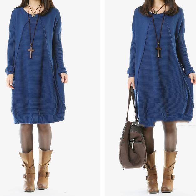 Blue long women sweaters causal pullover knit dresses - Omychic