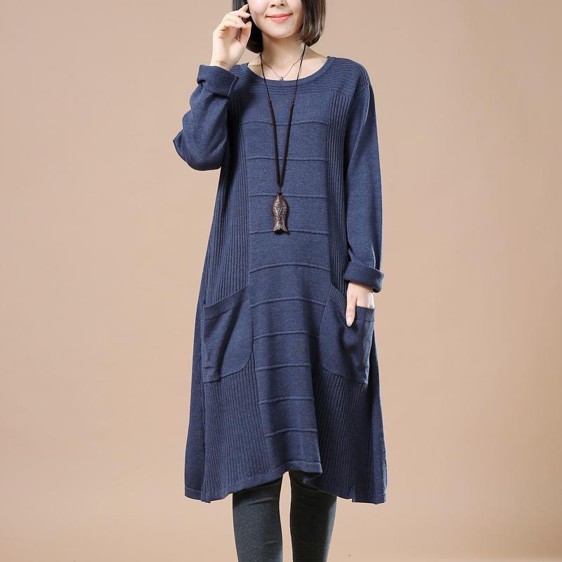Blue loose women sweaters plus size knit dress - Omychic