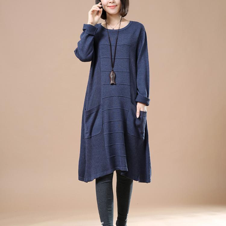 Blue loose women sweaters plus size knit dress - Omychic