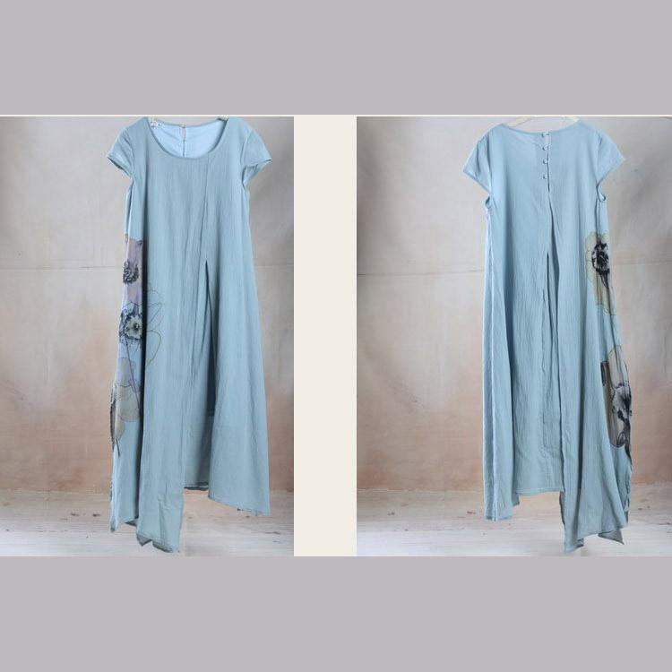 Blue lutos print linen sundress oversize long maxi dress holiday dress - Omychic