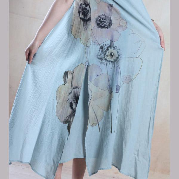 Blue lutos print linen sundress oversize long maxi dress holiday dress - Omychic