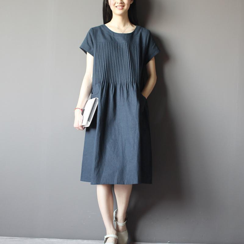 Blue oversize sundress plus size linen shirt dresses - Omychic