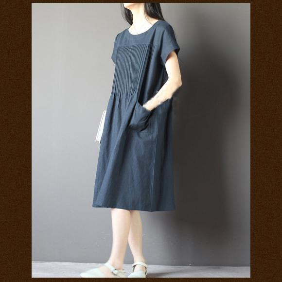 Blue oversize sundress plus size linen shirt dresses - Omychic