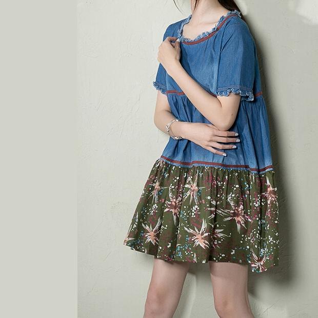 Blue patchwork denim sundress oversize layered summer denim dresses - Omychic