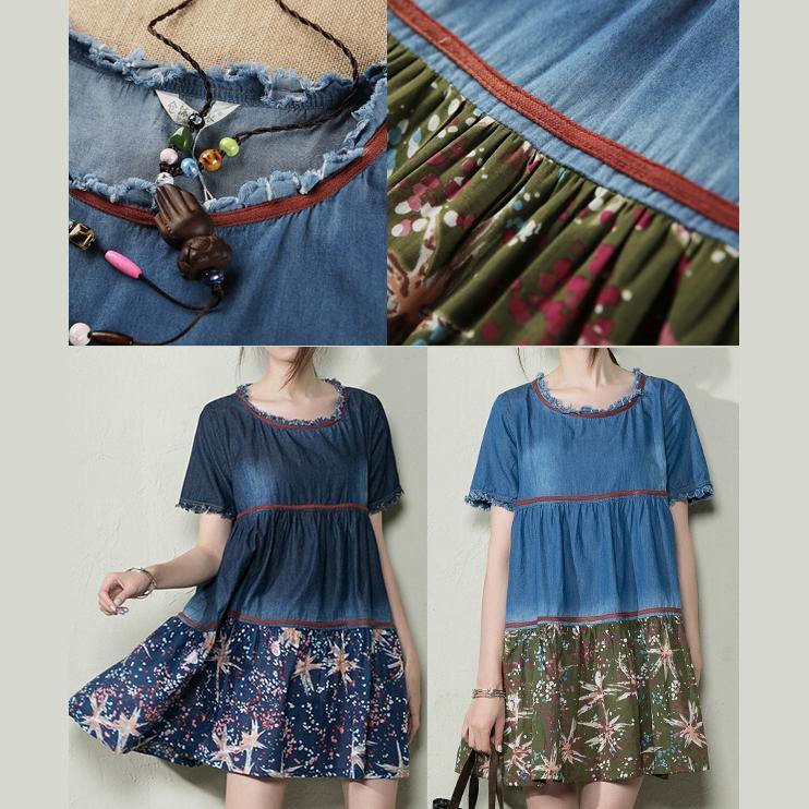 Blue patchwork denim sundress oversize layered summer denim dresses - Omychic