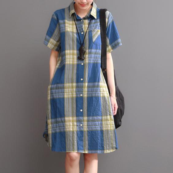 Blue plaid cotton dress oversize summer causal dresses - Omychic