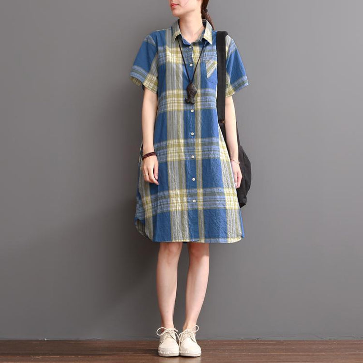 Blue plaid cotton dress oversize summer causal dresses - Omychic