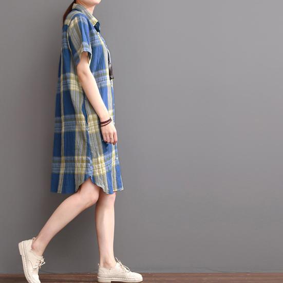 Blue plaid cotton dress oversize summer causal dresses - Omychic