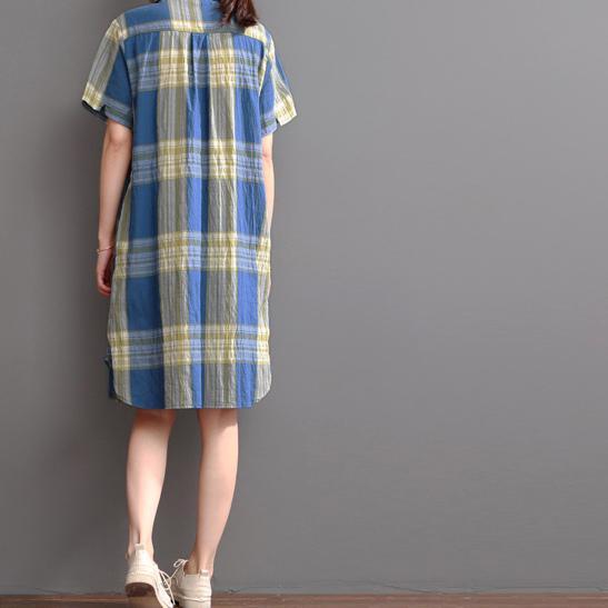 Blue plaid cotton dress oversize summer causal dresses - Omychic