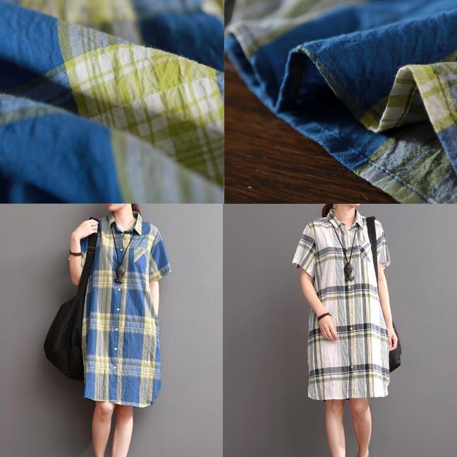 Blue plaid cotton dress oversize summer causal dresses - Omychic