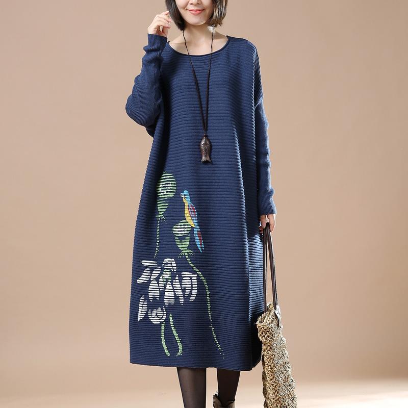 Blue plus size knit dresses oversize sweater - Omychic