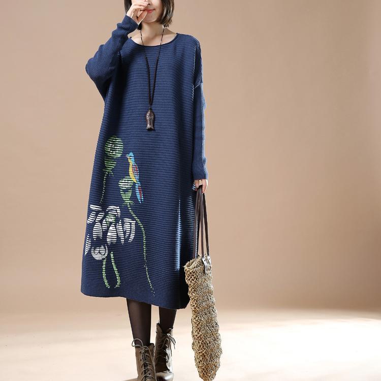 Blue plus size knit dresses oversize sweater - Omychic