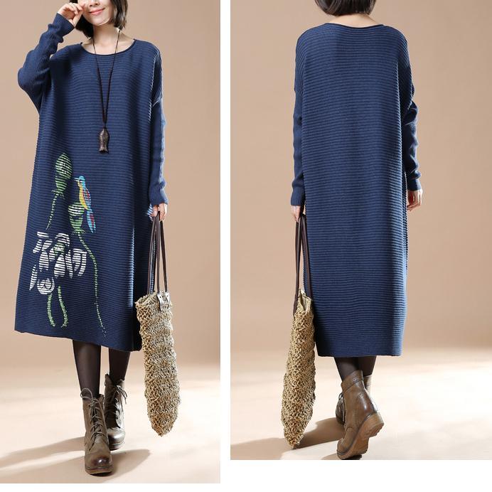 Blue plus size knit dresses oversize sweater - Omychic