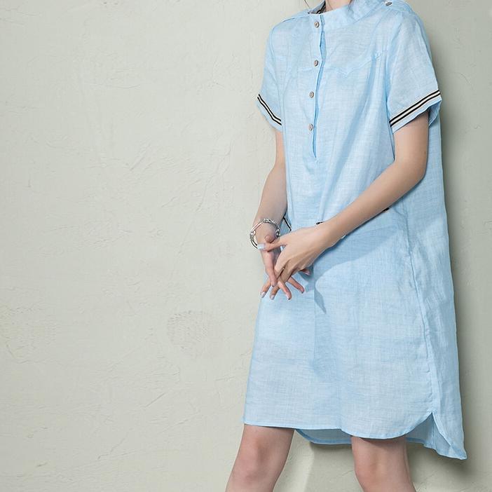 Blue plus size linen sundress oversize linen summer dress shift shirt blouse - Omychic