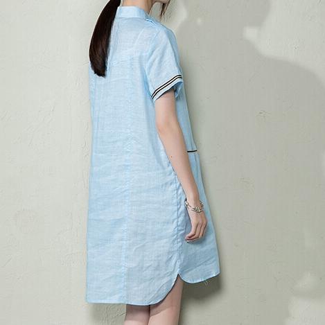 Blue plus size linen sundress oversize linen summer dress shift shirt blouse - Omychic