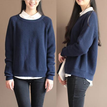 Blue plus size sweaters knit tops no fade no shrink piling resistance - Omychic