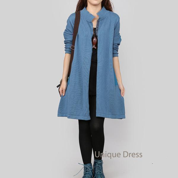 Blue plus size women sweater long coat cardigan - Omychic