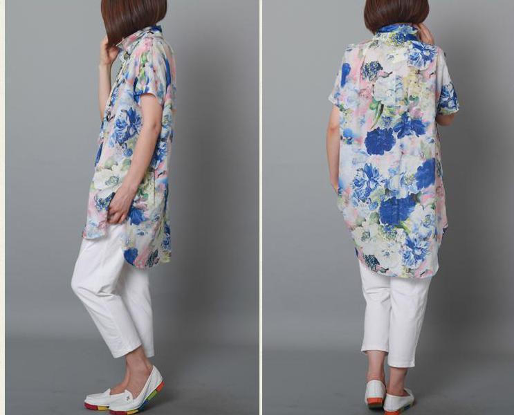 Blue print cotton dress floral sundress plus size - Omychic