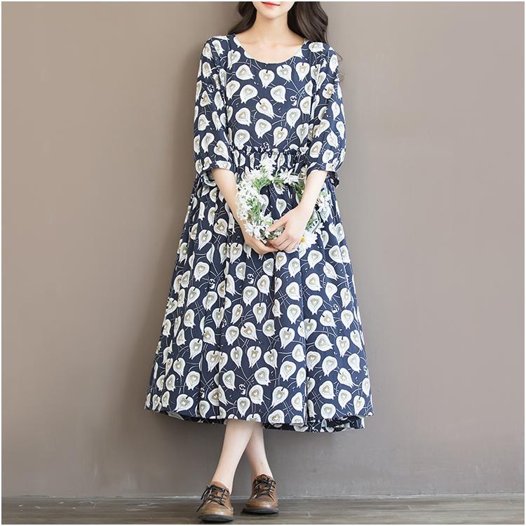 Blue print floral chiffon maxi dress oversize sundress summer half sleeve dress - Omychic