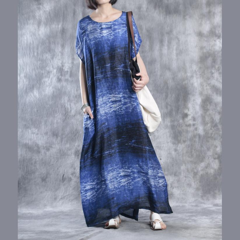 Blue print maxi dresses linen dress plus size caftans - Omychic