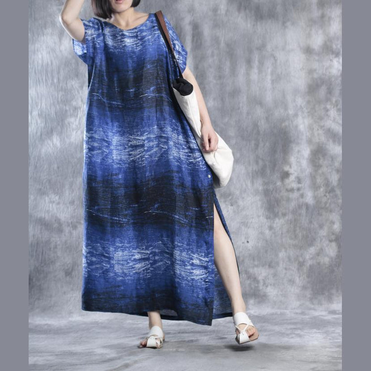 Blue print maxi dresses linen dress plus size caftans - Omychic