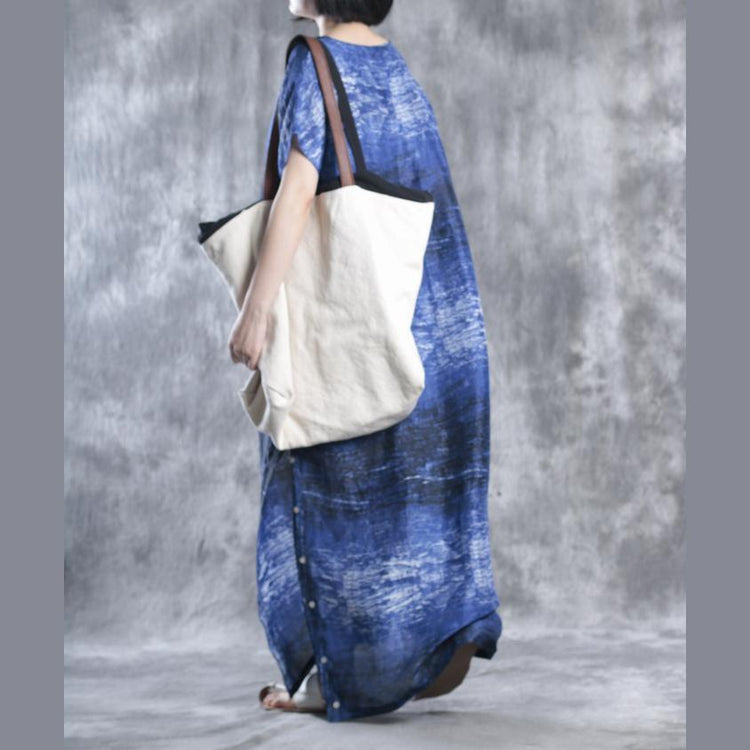 Blue print maxi dresses linen dress plus size caftans - Omychic