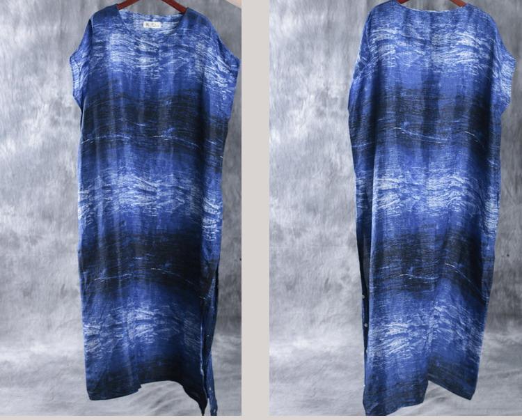 Blue print maxi dresses linen dress plus size caftans - Omychic