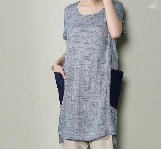 Blue retro linen summer shift dress plus size sundress shirt - Omychic