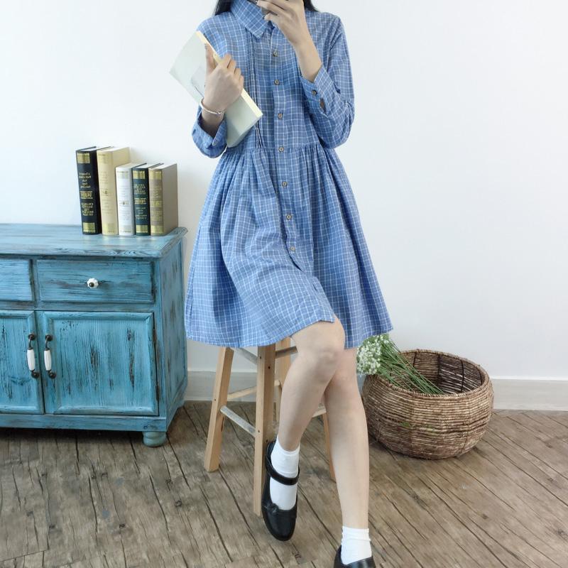 Blue retro plaid spring dress fit flare dresses linen - Omychic