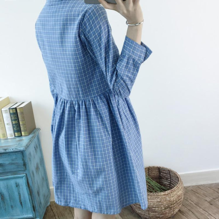 Blue retro plaid spring dress fit flare dresses linen - Omychic