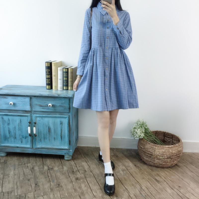 Blue retro plaid spring dress fit flare dresses linen - Omychic