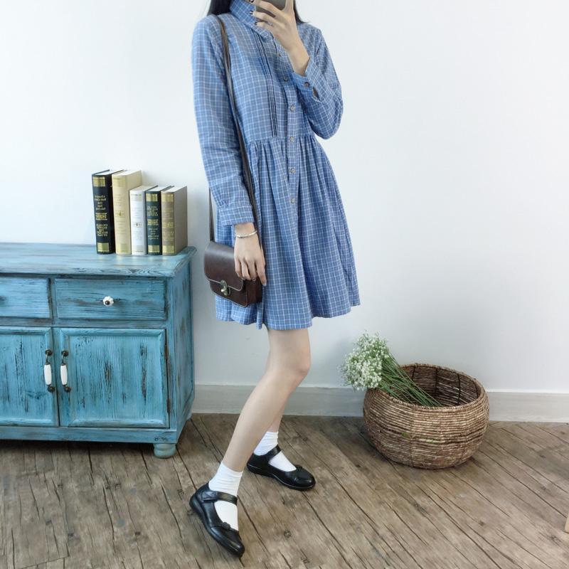 Blue retro plaid spring dress fit flare dresses linen - Omychic
