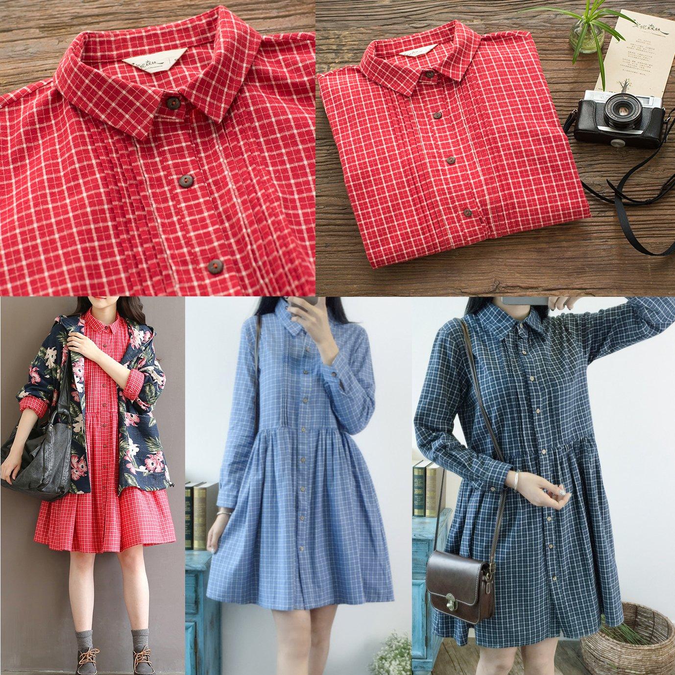 Blue retro plaid spring dress fit flare dresses linen - Omychic
